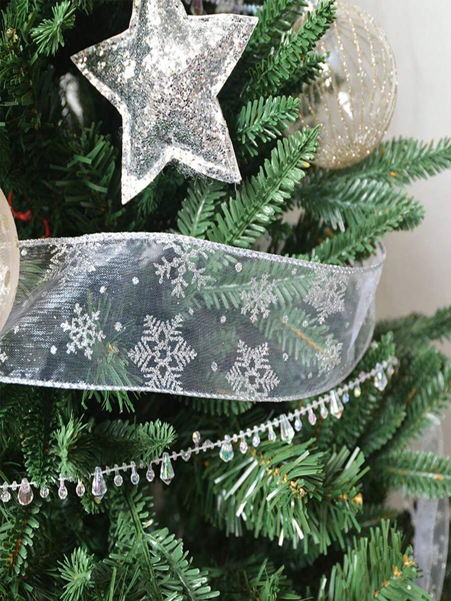 1pc Christmas Decor Sheer Organza Ribbon With Metallic Printed Snowflake Pattern, Powder Edge, Silver Wired Bow,Christmas Valentine Day - Multicolor - View 1