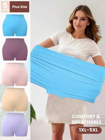 5 buc chiloți pentru femei, mărime plus, moi, respirabili, fără cusături, cu talie medie, design elegant și colorat, material tricotat confortabil cu talie înaltă, potriviți pentru ciclism, fitness, muncă, yoga, somn și sport zilnic, toate anotimpurile, mărimi multiple 1XL-5XL