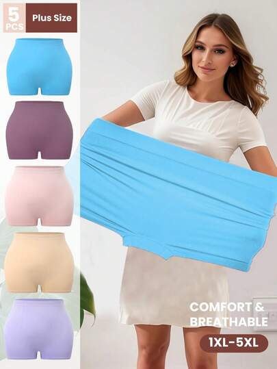 5pcs Plus Size Women Soft Breathable Seamless Mid-Waist Panties, Colorful Elegant Design, High Waist Comfortable Knit Fabric, Suitable For Cycling, Fitness, Work, Yoga, Sleep And Daily Sports, All Season, Multiple Sizes 1XL-5XL