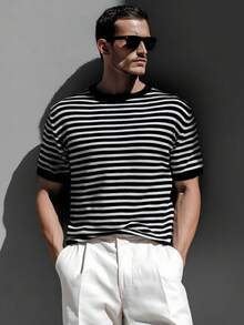Men's Casual Striped Knit Short Sleeve Top - Black and White - View 1