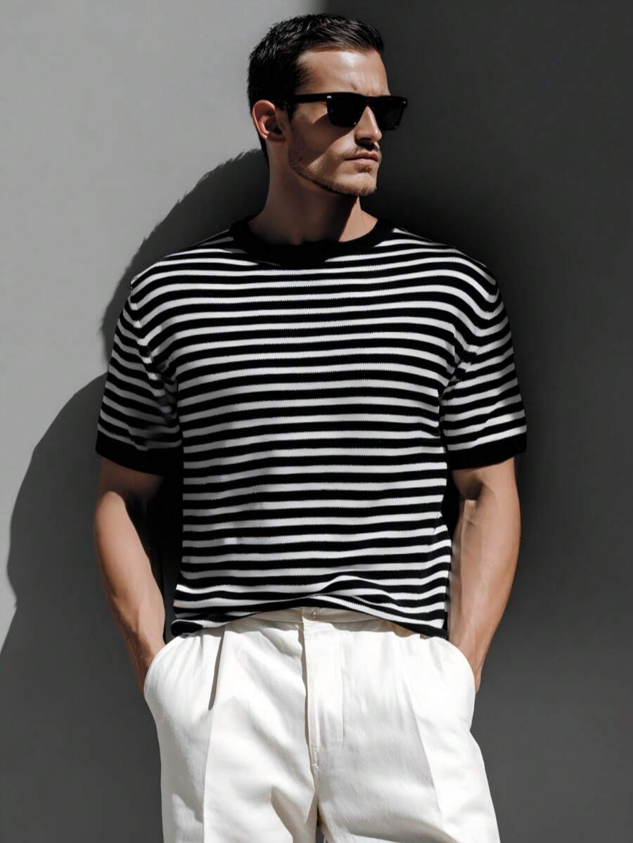 Men's Casual Striped Knit Short Sleeve Top - Black and White - View 1