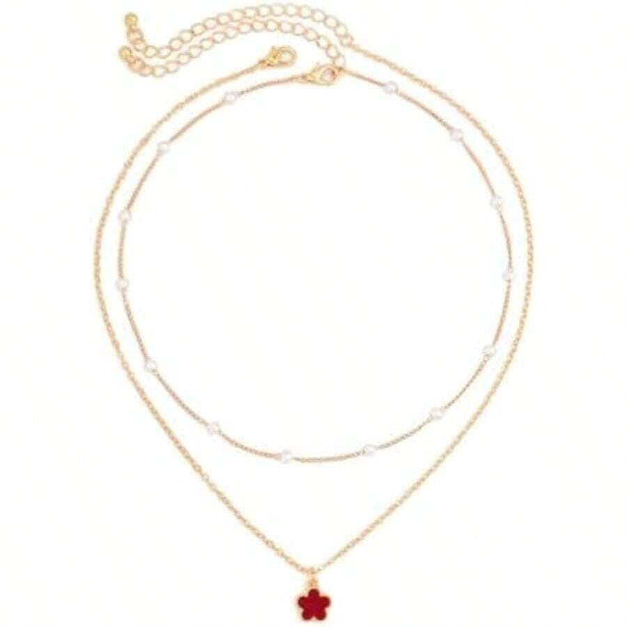 Collar en Capas para Mujer, Collar Colgante Flores, Cadena Clavícula de Perlas Blancas, Hip-Hop con Personalidad Punk, Collar Ajustable, Joyería Moda, Regalo Joyería Cumpleaños para Mujeres(Rojo) - Multicolor - Ver 1