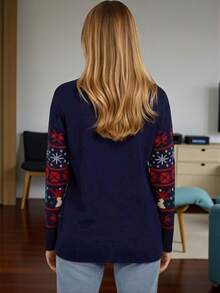 Suéter navideño feo para mujer, estampado de Papá Noel, manga larga, cuello redondo, poliéster sin elasticidad, ideal para fiestas navideñas. - azul real - Ver 2