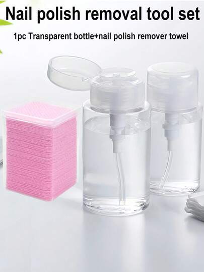 1set/Nail Cleaning Tool Set(1pc Transparent Bottle+1 Box Of Nail Polish Makeup Remover Towel),120mlNail Art Pump Dispenser Bottle, Alcohol Nail Polish Remover Cleaning Liquid Storage Container, Large Capacity Make-Up Remover Empty Bottle Makeup Accessories, Lint-Free Nail Wipes, Nail Polish Removal Pads Eyelash Extension Wipes,