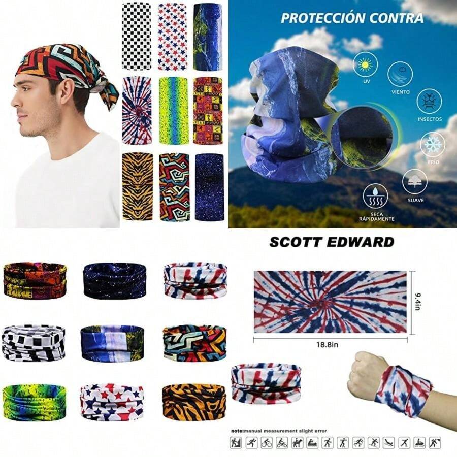 Scott Edward 9pcs Bandanas Mujer Hombre UV Protection Hair Cubre Cuello para el Sol elástico Magia Bufanda Bandana Venda de Deportes para Senderismo,Motocicleta,Yoga,Correr, Ciclismo(el arte) - Multicolor - Ver 1