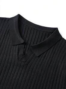 Men's Summer Ribbed Polo Knit Short Sleeve Shirt - Black - View 3