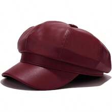 Women's PU Leather Newsboy Cap 8 Panel Paperboy Newsie Cap Bakerboy Beret Cabbie Hat, Fashionable Headwear - 酒紅色 - 查看 1