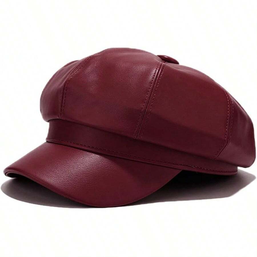 Women's PU Leather Newsboy Cap 8 Panel Paperboy Newsie Cap Bakerboy Beret Cabbie Hat, Fashionable Headwear - 酒紅色 - 查看 1