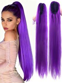 32-Inch Purple Wig For Women, High Ponytail, Clip-On Style, Long Straight Purple Hair, Elegant And Voluminous High Ponytail Wig - Purple - View 2
