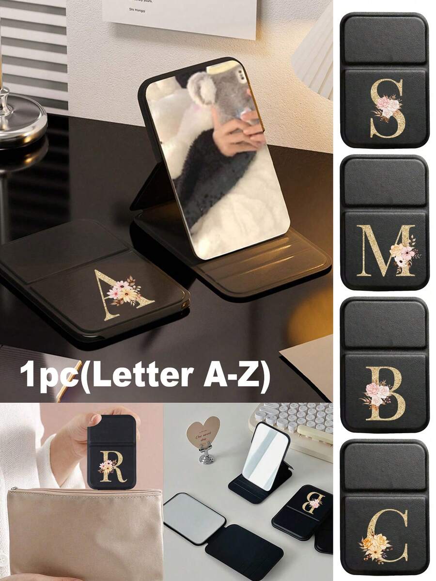 金色花朵字母 A-Z 可折叠便携化妆镜，个性化梳妆镜，高端旅行镜，美容产品，桌面化妆镜，长方形桌面迷你化妆镜，可折叠小型简约化妆镜，学生宿舍返校镜，返校礼物