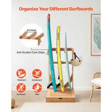 Vertical Surfboard Stand, 3 Tiers Wooden Surfboard Rack For Storage And Display, Freestanding Board Stand Organizer With Hanging Hooks & Cork Padding, For Wakeboards, Snowboards, Kiteboards - Floor-standing 3-story Unit - View 2