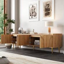 TV Unit, Lowboard With Structured Door, TV Cabinet, With Gold Handles And Gold Legs, 170 L X 35 W X 47.5 H (Cm) - Natural + MDF - View 10