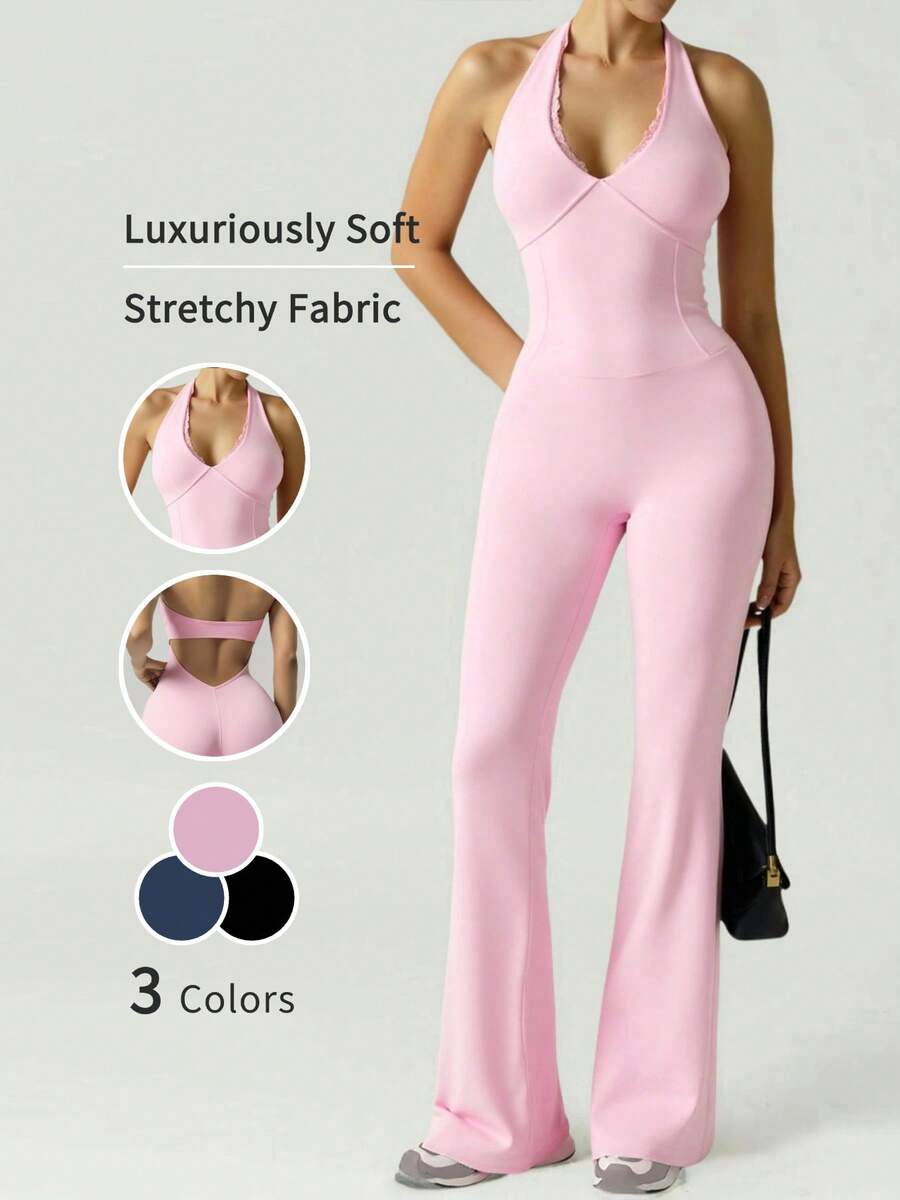 Women's Seamless High-Waisted Yoga Jumpsuit For Gym Running Training All-Season Athletic Wear Bodysuit Sleeveless Backless Slim Fit Halter Neck Activewear Clothing - Pink - View 1