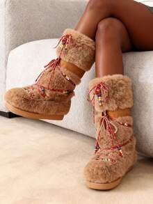 Faux Fur Snow Boots For Women Fuzzy Fluffy Furry Lace Up Mid Calf Boots Winter Warm Fur Boots For Christmas - 駝色 - 查看 4