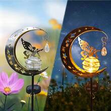 1pc Solar Powered Iron Art Moon, Cat Paw, Butterfly Garden Light, Warm LED Light For Yard, Lawn, Park - Fairy Kick - View 5