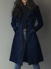 Women's Elegant Solid Color Casual Vintage Suede Trench Coat Jacket - 藏蓝色 - 查看 1