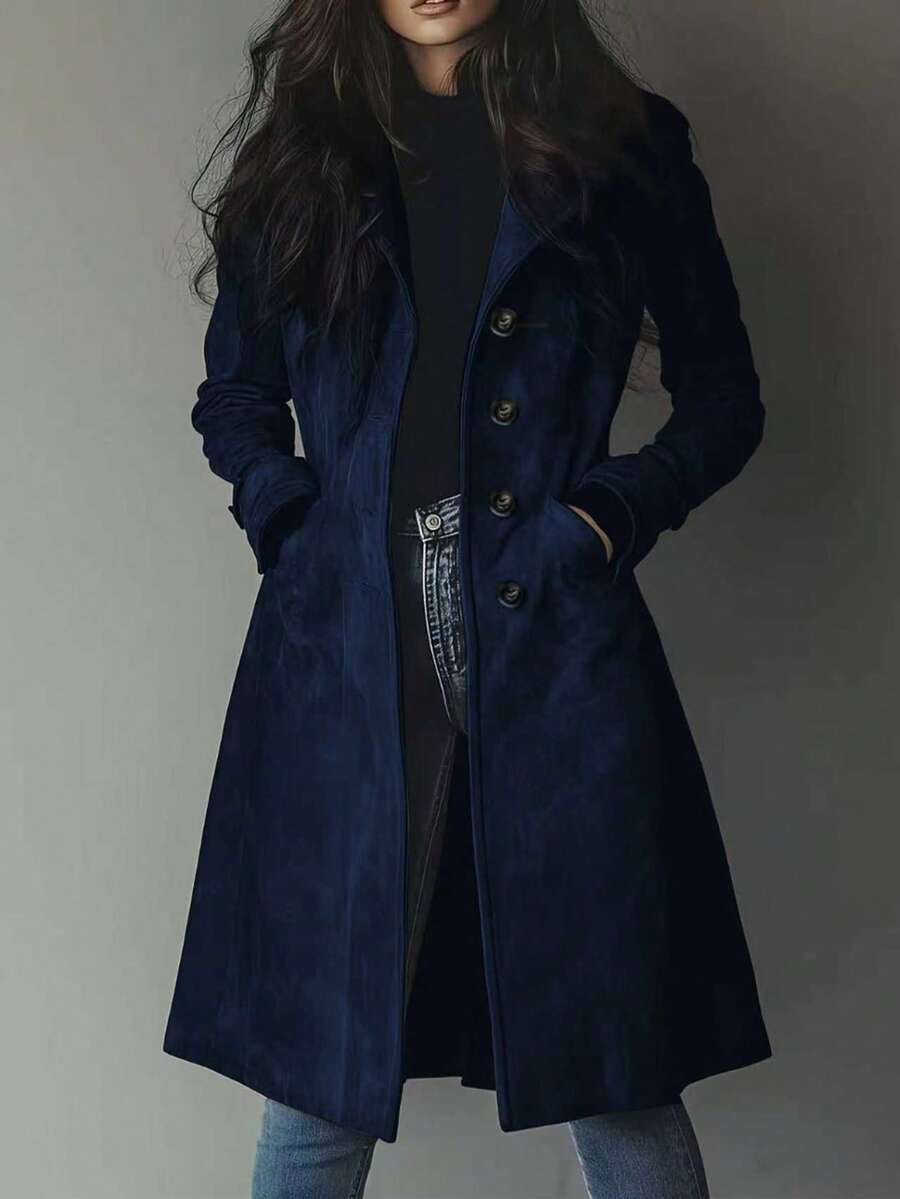 Women's Elegant Solid Color Casual Vintage Suede Trench Coat Jacket - 藏蓝色 - 查看 1