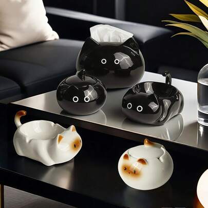 Ceramic Black White Cat Decorative Storage Jar Tray Ashtray - Cute Siamese Cat Desktop Organizer For Living Room, Dustproof Makeup Jewelry Holder & Boho Home Decor Accessories​,Gift For Family & Friends