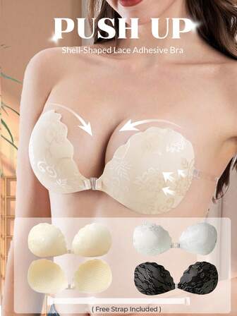 1-Piece Lace Invisible Push-Up Bra With Clear Straps - Strapless Self-Adhesive Lifting Bra, Reusable Backless Bra For Wedding Dresses And Evening Gowns