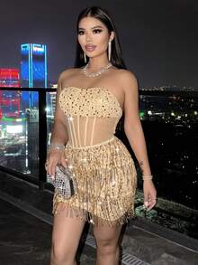 CHOSMO 优雅闪亮返校礼服，浪漫性感可爱亮片露背网纱拼接连衣裙，适合派对、音乐节、约会、正式晚宴、毕业派对、节日礼物、情人节婚礼等场合。 - 金色 - 查看 4