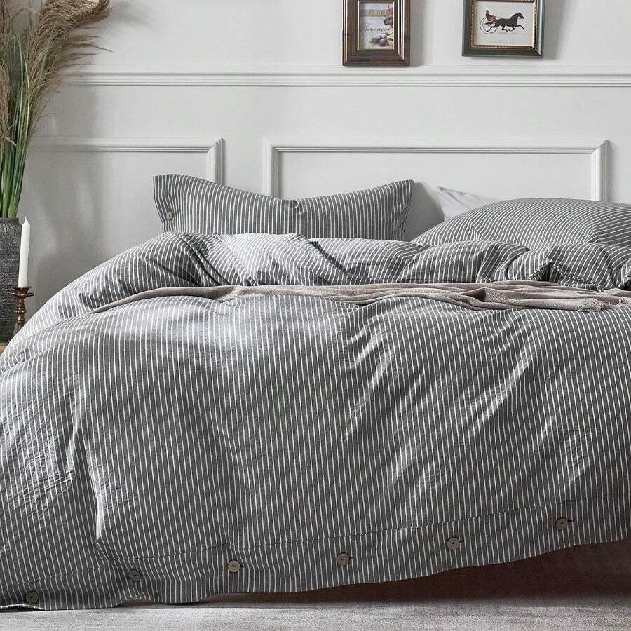Cotton Duvet Cover Twin Size - Black Vertical Pinstriped Comforter Cover With Button 100 Washed Cotton 2PCS Breathable Soft Solid Bedding Set Duvet Cover 68*90in 1 Pillowcase NO Insert For Modern Bedroom Decor Ideal For Summer And Year-Round Use Easy Care And Hypoallergenic Fabric - Sọc dọc đen - Xem 1