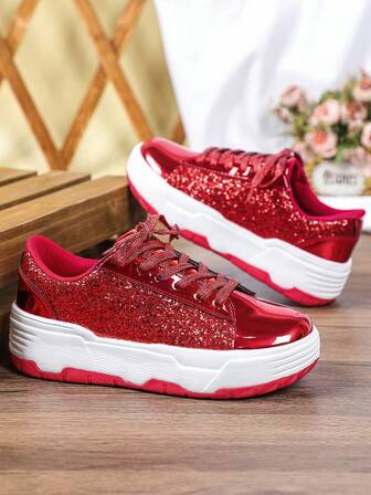 And Festive Pure Red Men's Wedding Shoes, Featuring A Soft, Cushioned, And Durable EVA And TPR Sole Suitable For All Seasons, A Shiny Glitter Upper, And A Size That Can Be Shared By Couples. Stylish Sneakers/Skate Shoes.