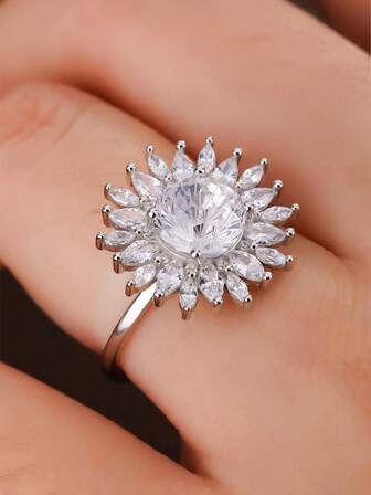 1pc S925 Sterling Silver Sunflower Full Diamond Shiny Ring, Niche Design Luxurious Cubic Zirconia Band, Gift For Lover Anniversary, Suitable For Dating, Party, Engagement, Wedding, Daily Wear, Women Luxury Jewelry