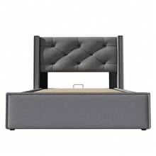 Upholstered Hydraulic Single Bed 90x200cm, Slatted Bed With Metal Frame, Modern Bed Frame With Storage Space, Cotton, Grey (With Mattress) - Grey - View 5