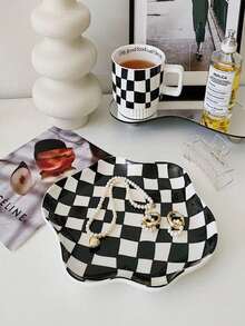 2 Stück Keramik Löffelablage, blumenförmiger Suppenlöffelhalter, kleine Tellerschale, Schachbrett- & Wolkenmuster Keramikteller, Dessert-/Salat-/Frühstücksteller, elegante Schmuck- & Kosmetikaufbewahrungsschale, geeignet als Fotografie-Requisite