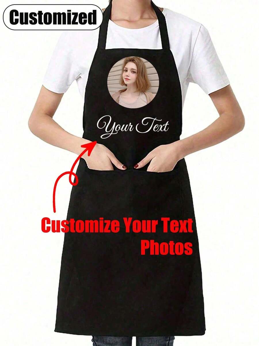 1pc Customizable Waterproof Apron With Text And Personalized Photos, Customize Fun Cooking Kitchen Apron, Personalize Text, Chef Apron, Unique Gift For Anniversary, Women, Chef, Mom, Dad, Husband, Girlfriend, Boyfriend, Wedding And More - Multicolor - View 1