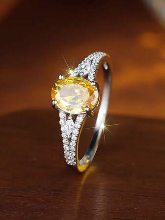 1 st. ring i 925 sterlingsilver, gul kubisk zirkonia i mitten med silverfinish, tvåfärgade geometriska smycken för kvinnor, perfekt lyxgåva till vardags.