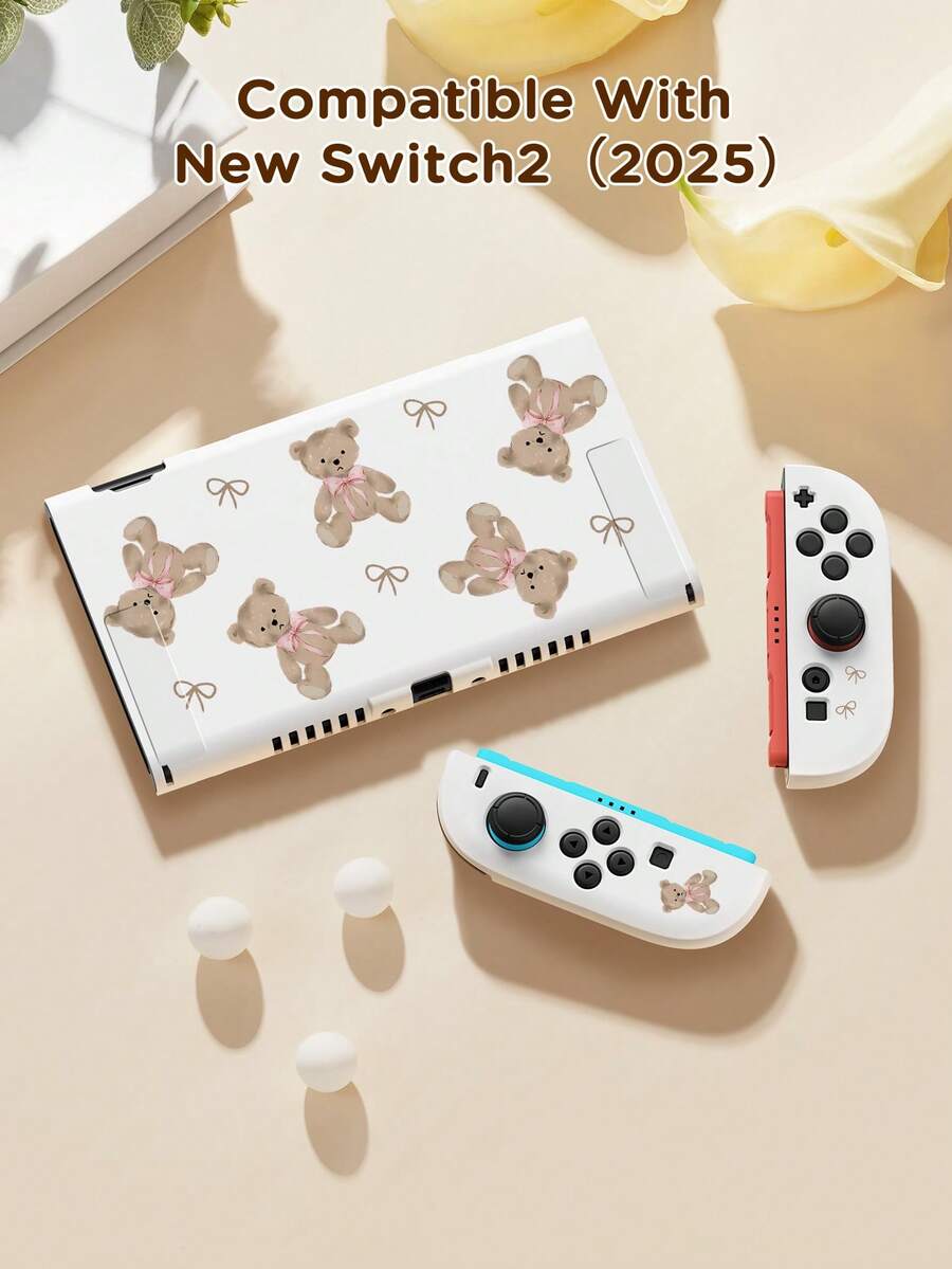 Ayotu 卡通熊蝴蝶结Switch保护壳，兼容新款Switch 2 (2025)/Switch NS/Switch OLED，无需取下保护壳即可安装在底座上，通用游戏手柄保护套，Switch游戏配件，防摔、防滑、防刮，时尚优雅，适合秋季、圣诞节、返校季、冬季等各种场合。