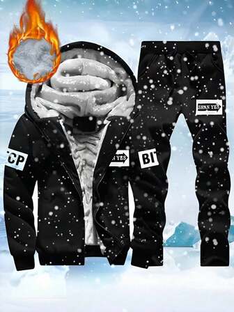 2pcs Men's Casual Sports Set, Warm Thermal Lined Hoodie + Thermal Lined Sweatpants