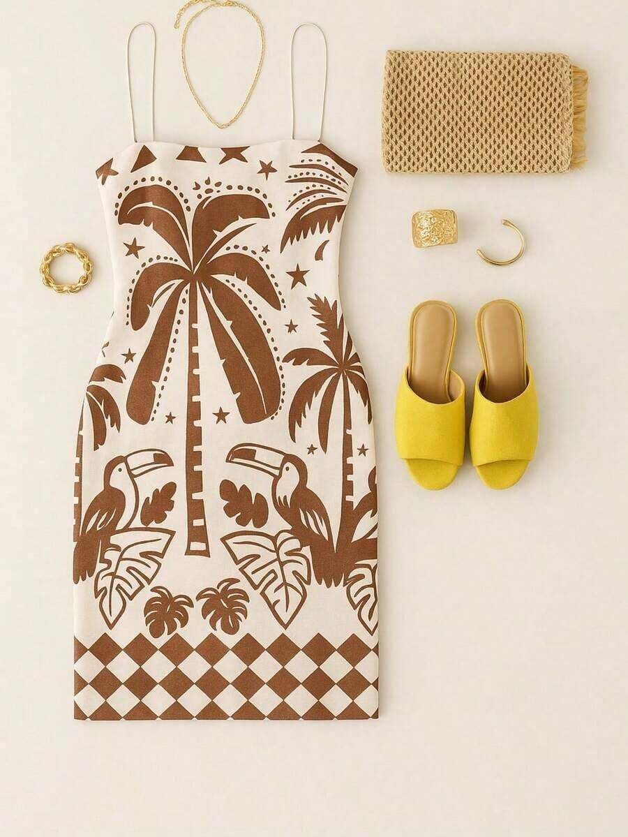 Tropical Women's Dress - Rust Brown - View 1