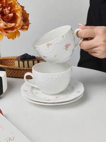 一套可爱蝴蝶结陶瓷杯碟，3D立体花朵甜点盘，花卉浮雕陶瓷杯碟，咖啡牛奶杯，拉花杯，热可可杯碟，适合约会、聊天、用餐、招待客人 - 彩色 - 查看 8