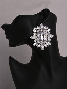 1 Pc Large Silver Rhinestone Clip On Earrings For Women Non Pierced Bling Crystal Statement Earrings - Silver - View 5