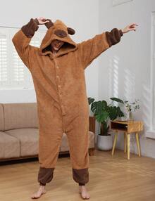 Cute Unisex Fleece Adult Capybara Costume Pajamas, Button Plush Animal One Piece Sleepwear Loungewear - Chuột lang nước - Xem 2