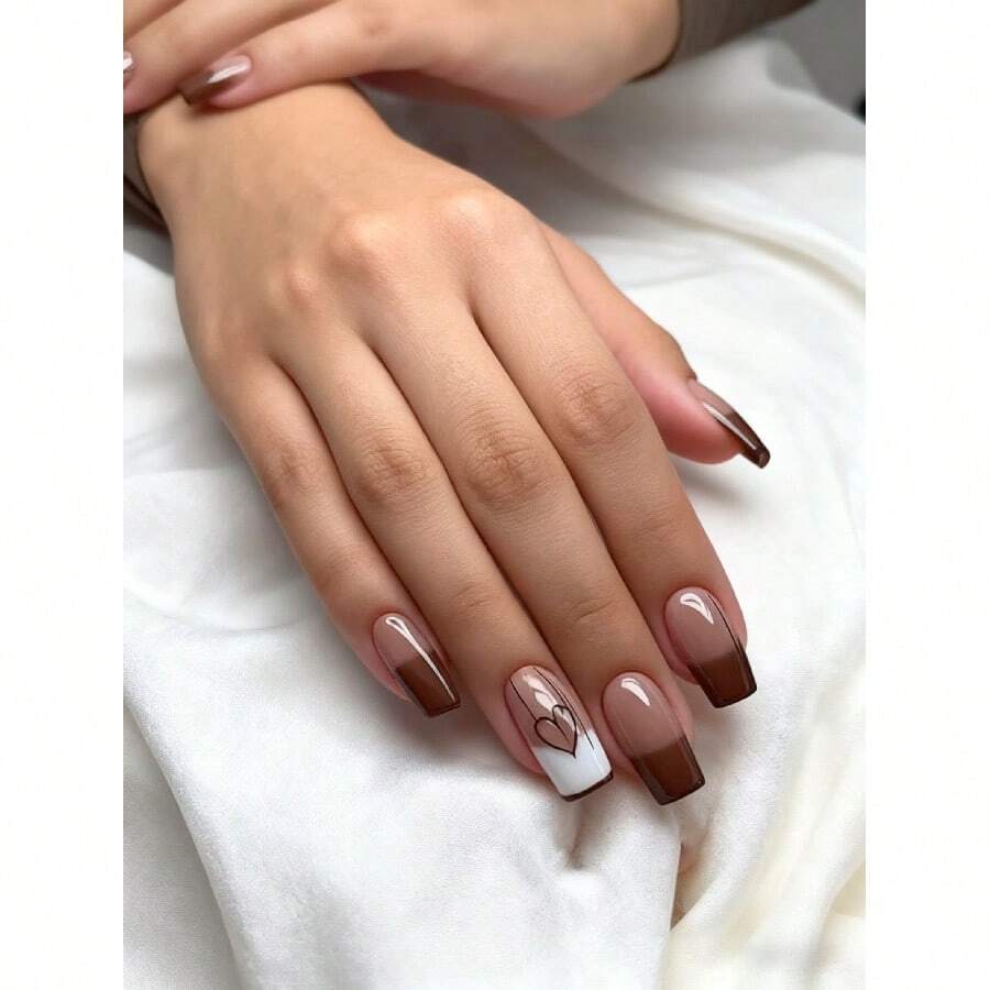 Shiny 24Pcs Press On Nails - Medium Square Brown French Ombre With Heart Stamped Design | Dancing & Daily Versatile - Nhiều màu - Xem 1