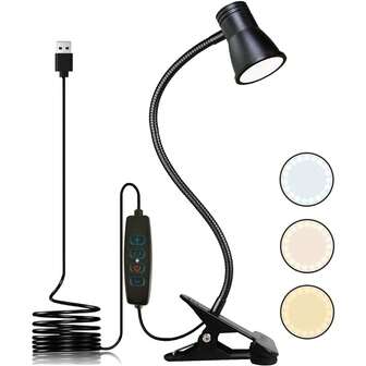 1pc 360° Adjustable Clip Lamp, 3 Lighting Modes, 10-Level Dimmable, Dorm Bedside Desk Reading Light, Eye-Care Bedside Lamp, USB Powered, Flexible Neck LED Clamp Light For Work, Study, Reading, Painting