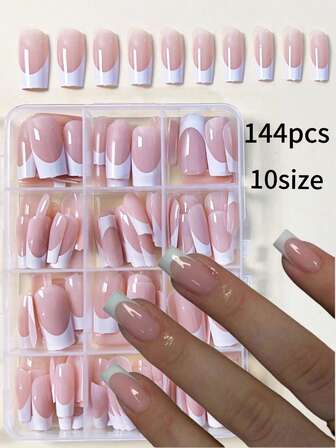144 Rectangular Minimalist French Style Acrylic Pressed Fake Nails To Enhance Your Style, Suitable For Women And Girls To DIY Fake Nails