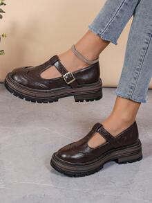 Women's Mary Jane Platform Shoes, Brown, Preppy Style, Suitable For Office Formal Wear, Serrated Edges, Embossed Design, Everyday Wear, And All Seasons. - 棕色心 - 查看 5