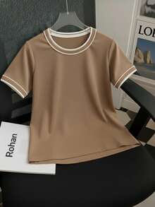 Women's Short-Sleeve Ribbed Blouse, Plain, Round Neck With Collar And Sleeve Details, Elegant Basic Style - 摩卡棕 - 查看 1