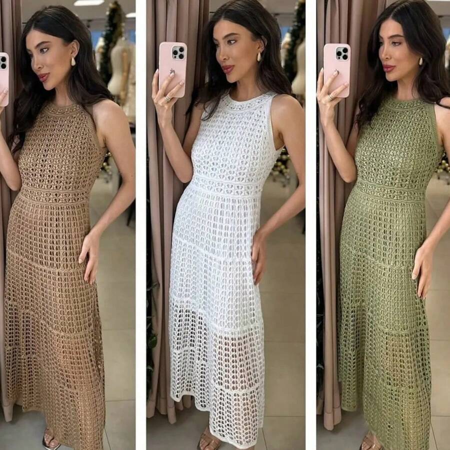 Nude Crochet Maxi Dress – Elegant, Feminine, And Timeless - 裸色 - 查看 1