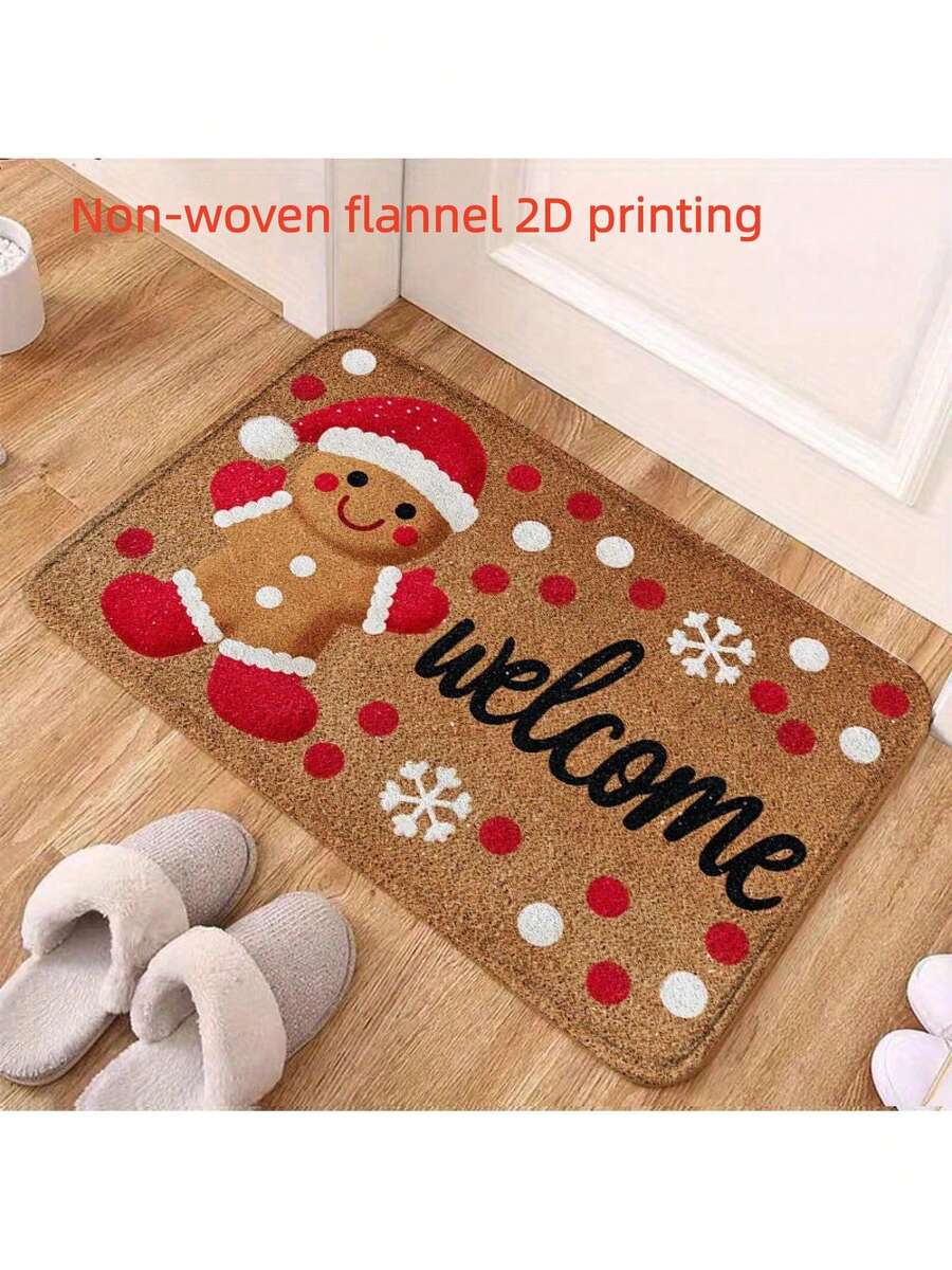 1pc Gingerbread For Man Welcome Doormat Festive Non-Slip Indoor Outdoor Entrance Rug With Santa Hat Snowflake Pattern Soft Flannel 2D Pattern Printing Floor Mat For Holiday Home Decoration New Year Party Supplies Home Decor, Best For Christmas. Actual Item Is Smaller Than Picture. May Be Certain Color Difference.