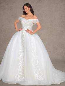 Women's Off-Shoulder Elegant Lace Ball Gown Wedding Dress, Formal Floor-Length Bridal Gown - White - View 2