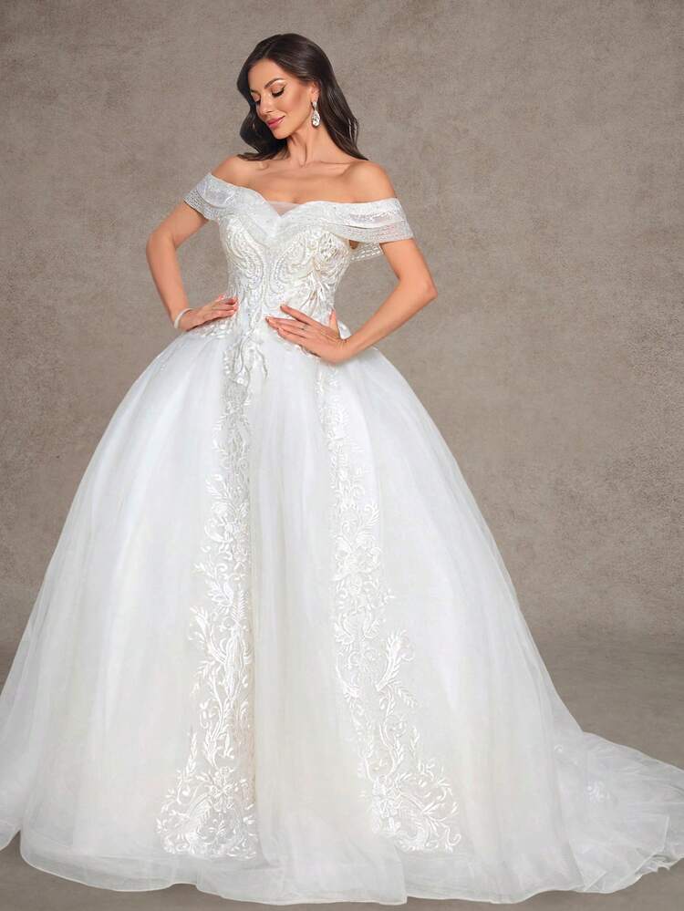 Women's Open Shoulder Elegant Lace Ball Gown Wedding Dress, Formal Floor-Length Bridal Gown Spring White - White - View 2