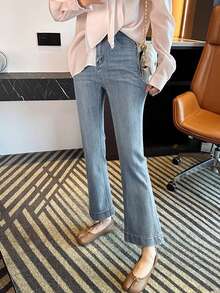 女士高腰喇叭牛仔裤，弹力面料，显瘦，秋季新款休闲款 - 淺色水洗藍 - 查看 3