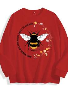 Bee Print Sweatshirt, Long Sleeve Crew Neck Casual Sweatshirt For Fall & Spring, Women's Clothing Christmas Outfit Women Christmas Sweatshirt Fall Clothes For Women Winter Clothes For Women Christmas Decor - 紅色 - 查看 8