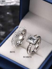 2pcs Elegant Stainless Steel Silver Couple Rings With Men's Diamond Elements And Women's Gemstone Elements, Suitable For Daily Wear, Festivals, Dates, Engagements, Weddings, Comes With Gift Box