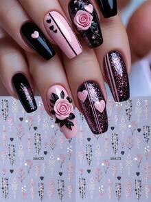 2 Sheets 3D Valentine's Day Sweet Romantic Floral & Heart Nail Art Stickers -Shinng Pink Flowers, Hearts, Black/White Heart & Floral Patterns Designs Nail Art Decals For Women DIY Holiday Nail Decoration - Pink - View 2